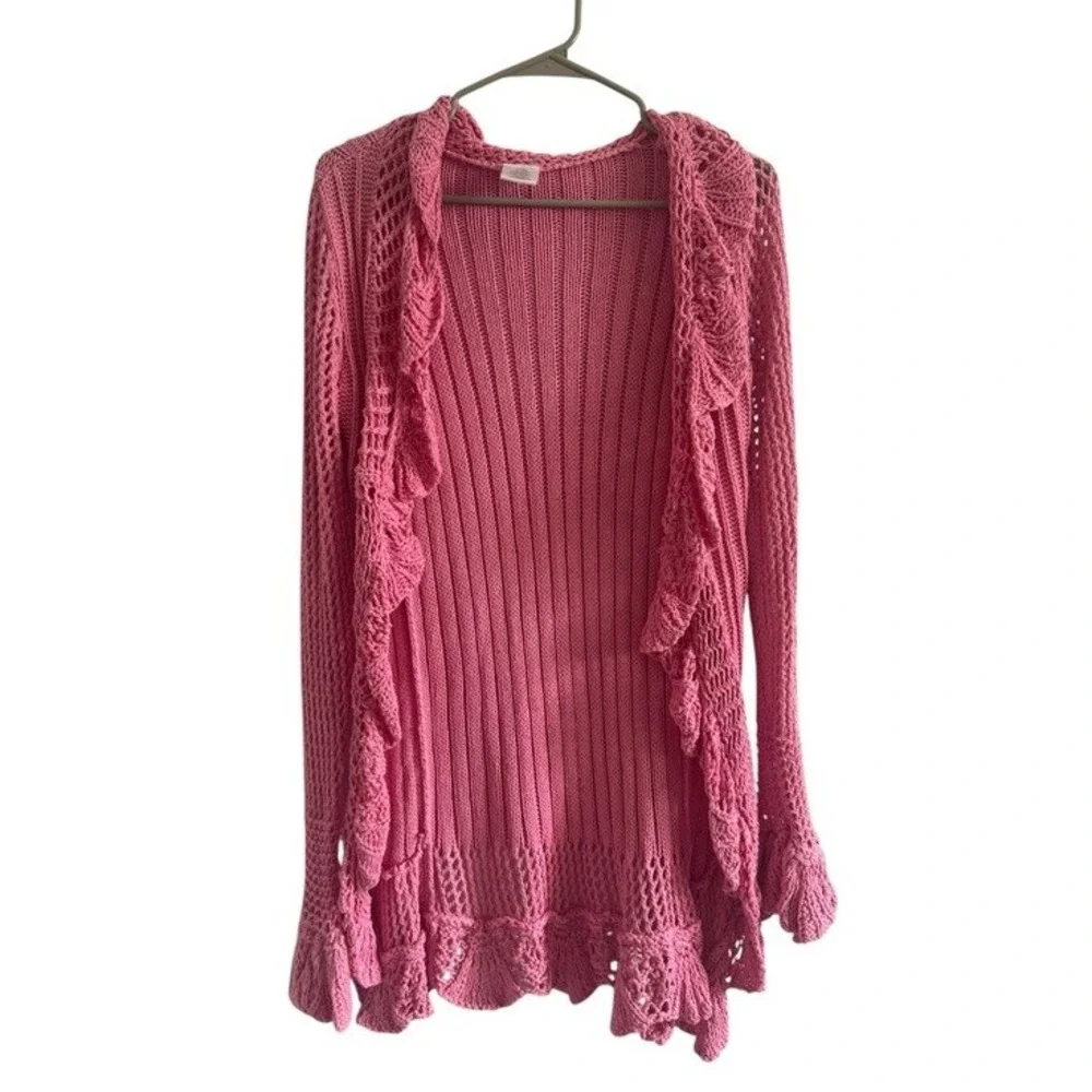 No Boundaries Pink Crochet Ruffle Open Front Cardigan Sweater Boho Y2K Size M